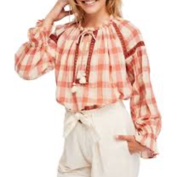 Free People Honey Grove peasant topsmall 100% cotton top small checked - Picture 3 of 4